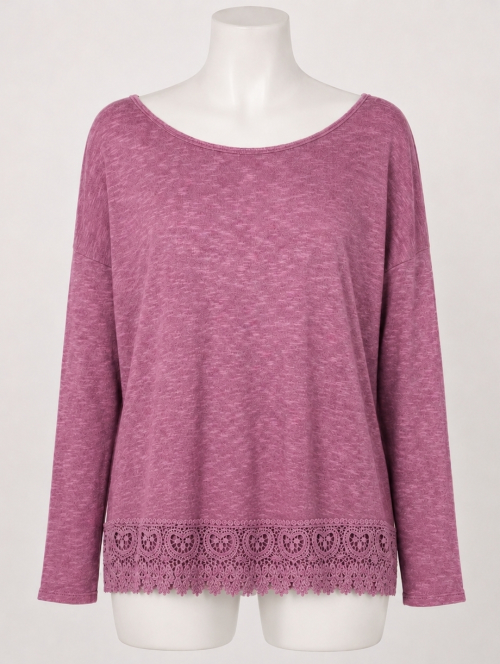 Angela Mara Womens Top Size M Dark Pink Long Sleeve Cotton Lace Hem Boho Casual